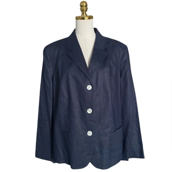 Ralph Lauren Vintage 90s 100% Linen Minimalist Preppy Navy Blazer Women 22W - Picture 1 of 6